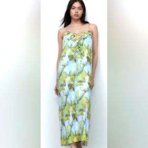 NWT ZARA Tulle spaghetti strap long teal light green cross tie v neck down front